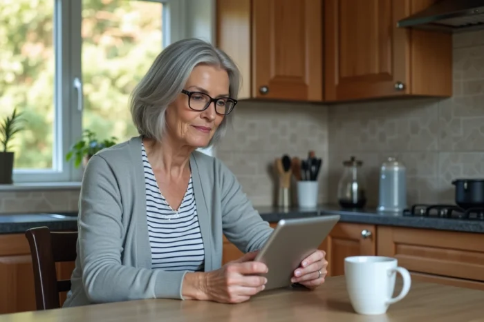 Femme consultant son espace client Azaé sur une tablette depuis sa cuisine