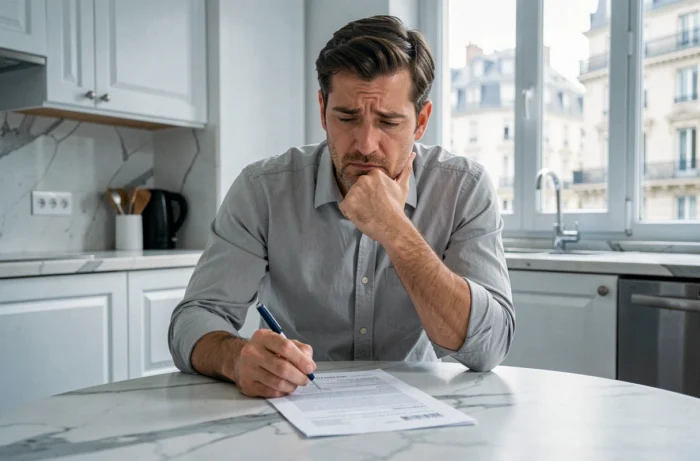 Homme étudiant attentivement un compromis de vente immobilier mentionnant les honoraires à la charge de l'acquéreur