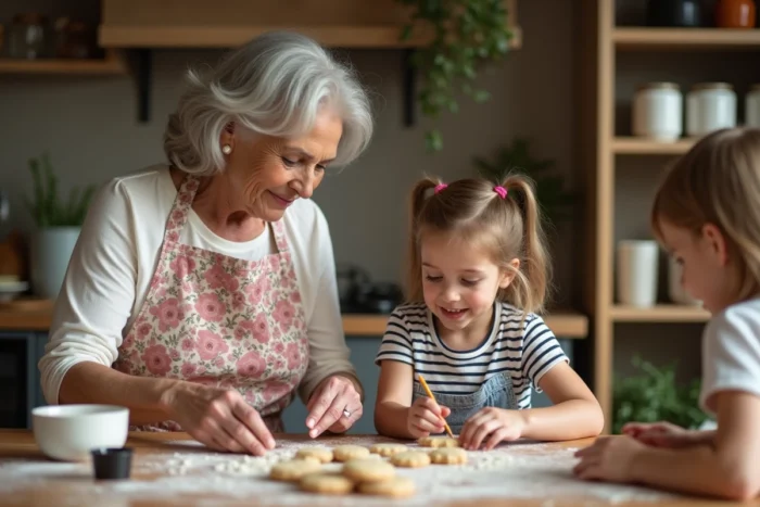 Grand-mère et petite-fille décorant des biscuits ensemble dans une cuisine familiale chaleureuse, activité de loisir créatif pour petits et grands