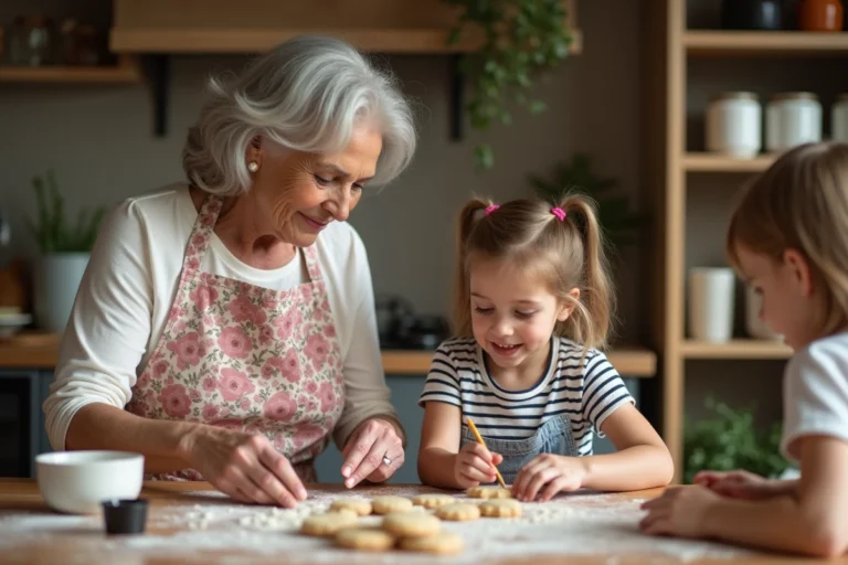 Grand-mère et petite-fille décorant des biscuits ensemble dans une cuisine familiale chaleureuse, activité de loisir créatif pour petits et grands