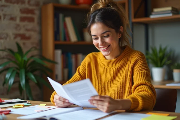 Femme souriante lisant des actualités de blog dans un bureau créatif chaleureux avec carnets et plantes