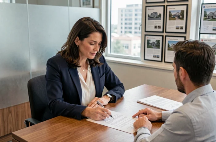 Agent immobilière expliquant les honoraires d'agence à un couple d'acheteurs autour d'un contrat de vente dans une agence moderne