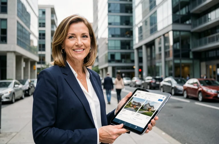 Agent immobilier professionnelle tenant une tablette avec des annonces immobilières devant un immeuble moderne en verre en 2024