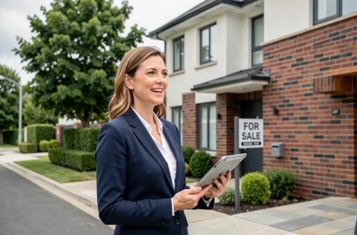 Agent immobilière professionnelle présentant une maison contemporaine à vendre dans un quartier résidentiel calme