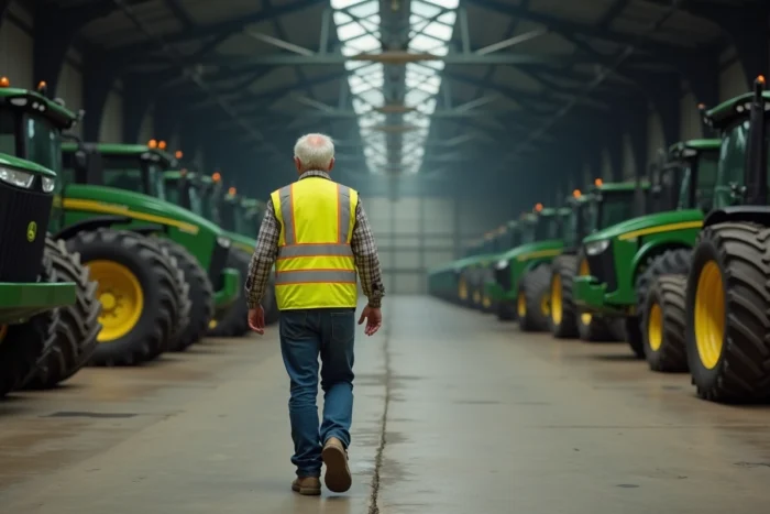 Grand agriculteur français inspectant ses machines agricoles dans un hangar moderne, reportage photo éditorial