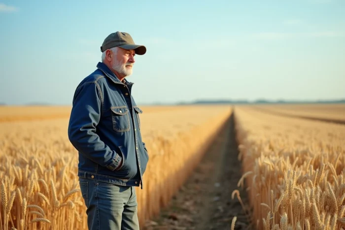 Agriculteur français prospère debout dans un champ de blé doré en Beauce, portrait éditorial grand angle