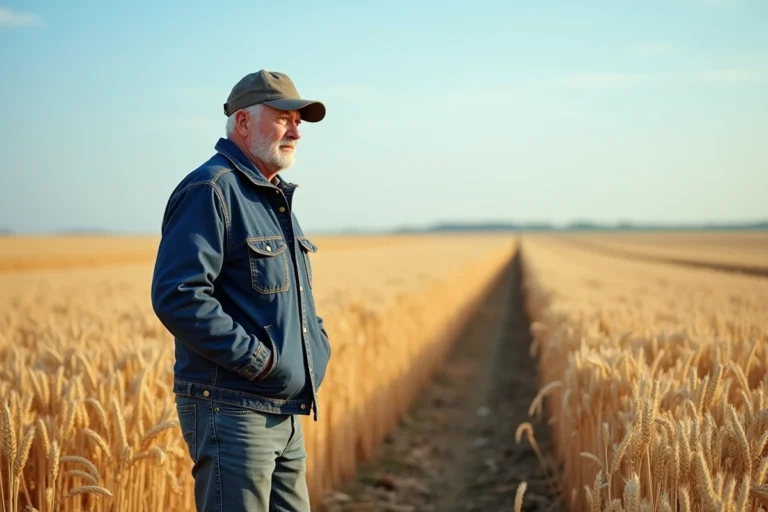 Agriculteur français prospère debout dans un champ de blé doré en Beauce, portrait éditorial grand angle