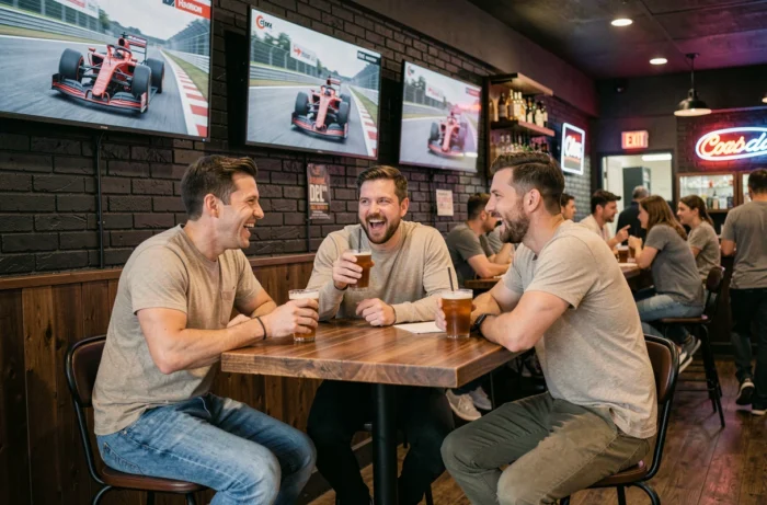 Groupe d'amis regardant un Grand Prix de F1 dans un bar sportif avec écrans géants