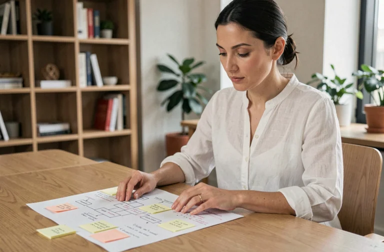 Une professionnelle analyse la structure de navigation d'un site web sur un plan imprimé annoté dans un bureau moderne