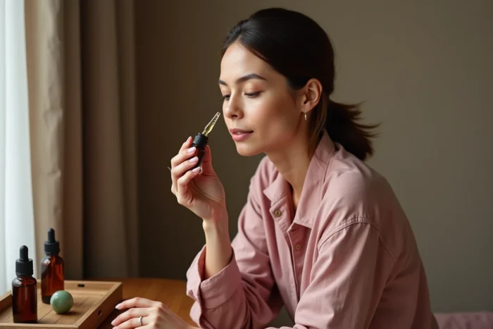 Femme mature appliquant un sérum anti-âge à sa coiffeuse en bois dans une chambre chaleureuse