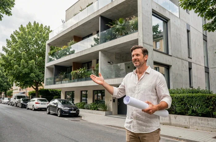 Architecte présentant un immeuble résidentiel neuf dans le cadre des nouvelles constructions immobilières en France