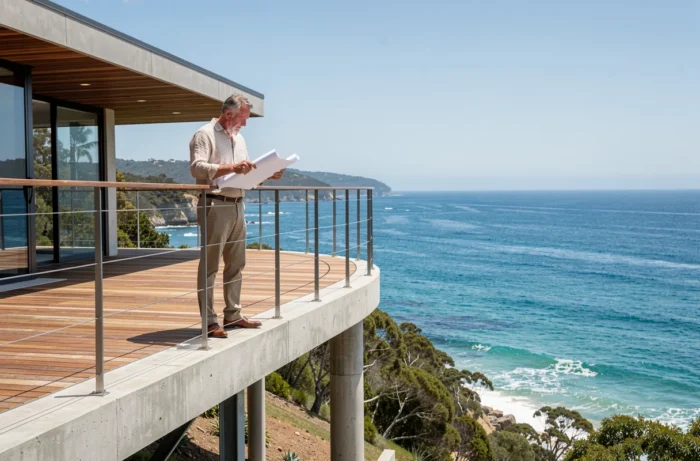 Architecte sur la terrasse d'une maison moderne sur pilotis en acier avec vue panoramique sur l'océan australien