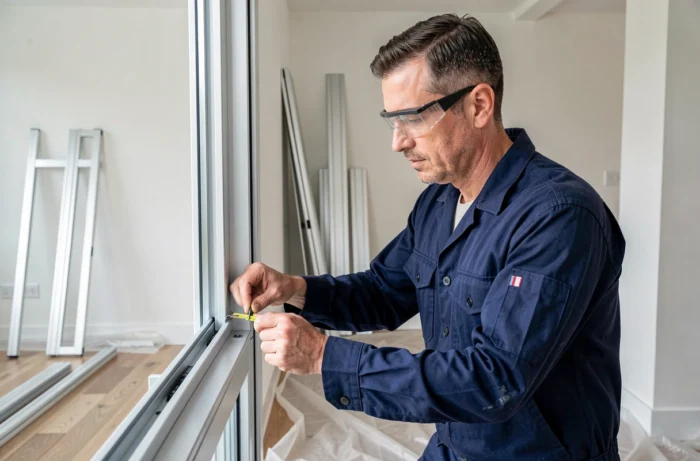 Artisan professionnel mesurant un cadre de fenêtre en aluminium lors d'une rénovation résidentielle