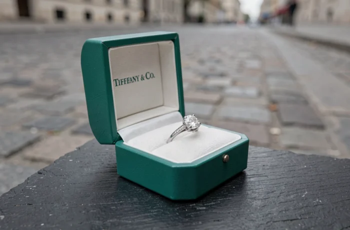 Bague de fiançailles Tiffany and Co avec diamant solitaire dans son écrin sur ardoise sombre avec fond de rue parisienne floue
