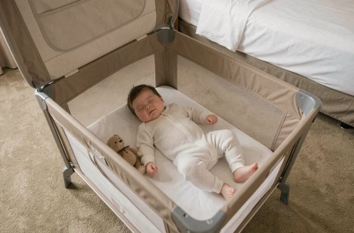 Bébé dormant paisiblement dans un lit parapluie installé dans une chambre d'hôtel lors d'un voyage en famille