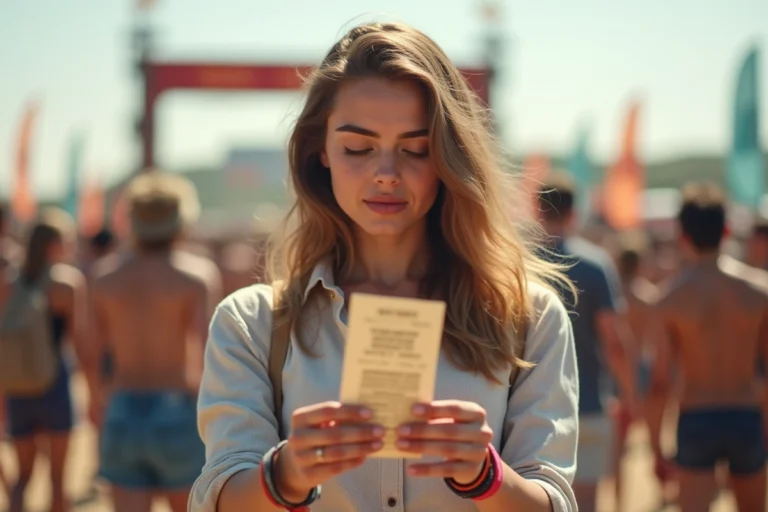 Femme examinant un billet SP authentique des Vieilles Charrues près d'une entrée de festival