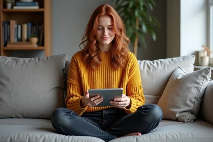 Jeune femme blogueuse assise en tailleur sur un canapé scandinave consultant son téléphone et sa tablette pour gérer son blog