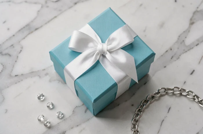 Boîte emblématique bleue Tiffany and Co avec ruban blanc en satin sur marbre blanc, entourée de diamants et d'un bracelet en argent