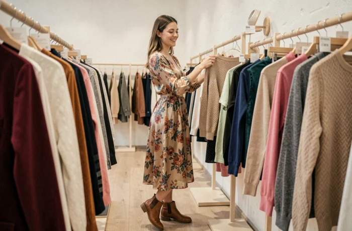 Jeune femme découvrant des vêtements aux matières variées dans une boutique de mode minimaliste