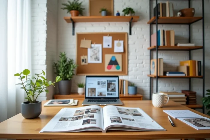 Bureau de travail créatif avec magazines de décoration ouverts, moodboard en liège et notes de palette de couleurs dans un espace home office moderne