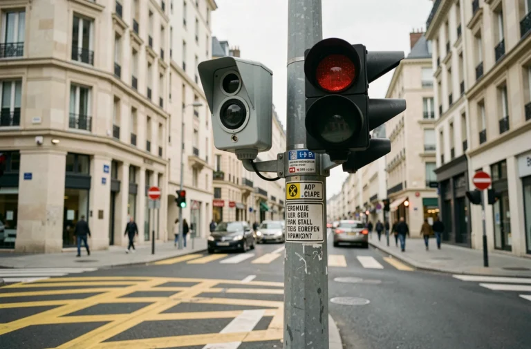 Caméra de surveillance et radar au feu rouge installés sur un poteau de signalisation en milieu urbain français