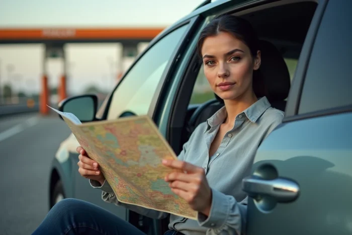 Femme tenant une carte des autoroutes françaises assise dans une voiture près d'un péage