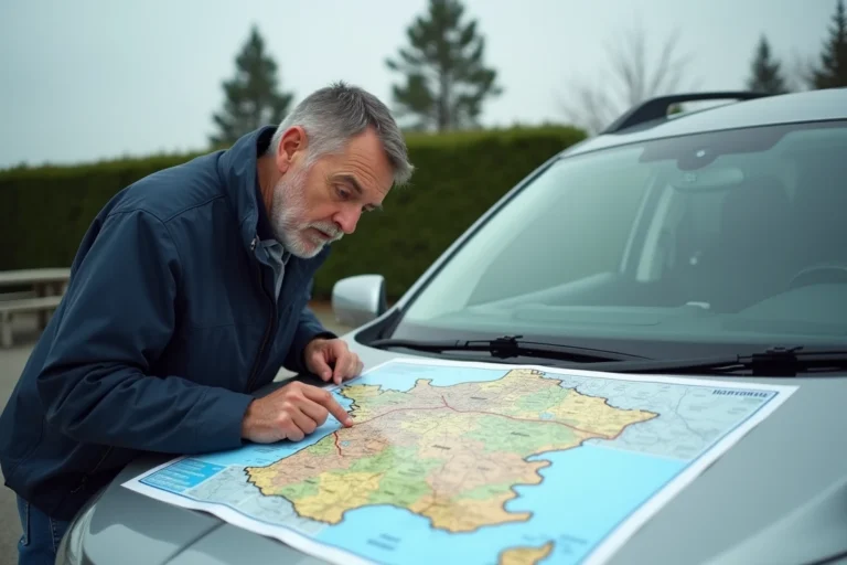 Homme consultant une carte routière des autoroutes de France appuyé sur un SUV dans une aire de repos
