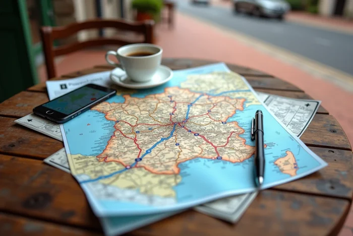 Carte des autoroutes de France posée sur une table de café avec un smartphone GPS et un stylo