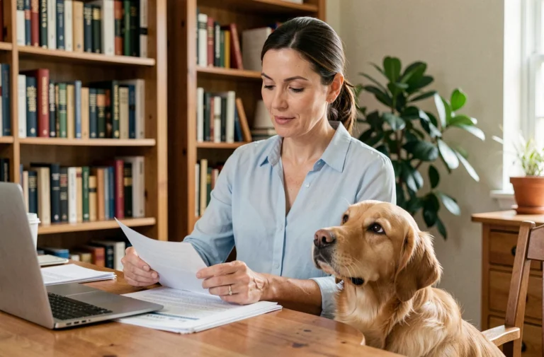 Femme consultant des documents officiels pour le changement de propriétaire de son chien golden retriever dans un bureau à domicile