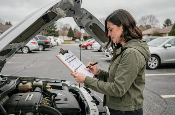 Femme consultant une checklist d'entretien voiture devant le capot ouvert dans un parking
