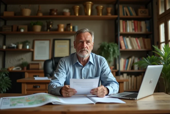 Chef d'exploitation agricole français dans son bureau de ferme examinant des documents de gestion, portrait professionnel