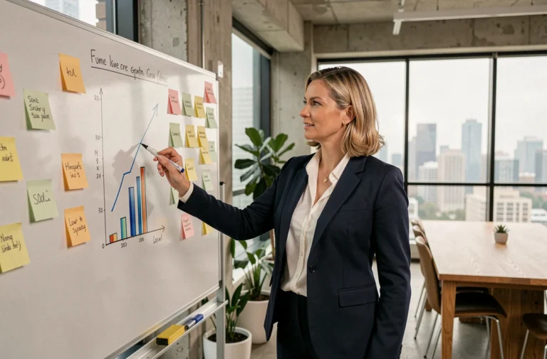 Cheffe d'entreprise présentant une stratégie de croissance sur un tableau blanc dans un bureau moderne