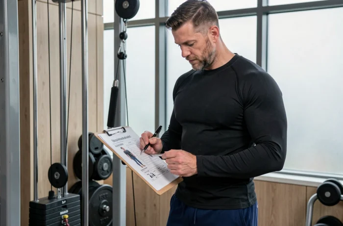Coach sportif analysant un programme full body musculaire sur un clipboard dans une salle de fitness moderne