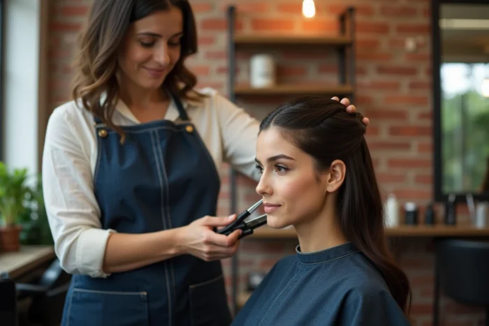 Coiffeuse professionnelle réalisant une coupe tiper en couches sur une cliente dans un salon de coiffure au style industriel