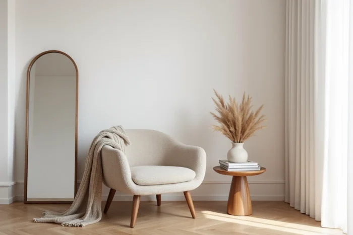 Coin salon décoré dans un style scandinave avec fauteuil boucle beige, pile de magazines déco et vase en travertin sur parquet en pin naturel