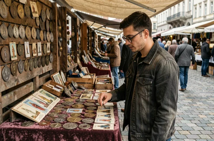 Jeune collectionneur explorant un étal de marché aux puces rempli de médailles religieuses et de saints catholiques vintage, représentant l'intérêt culturel moderne pour la hagiotomamophilie