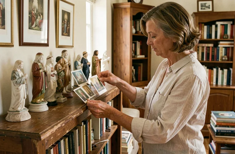 Collectionneuse de figurines de saints catholiques arrangeant des statuettes religieuses antiques sur une étagère en bois dans un intérieur chaleureux, illustrant la hagiotomamophilie et la vénération populaire des saints
