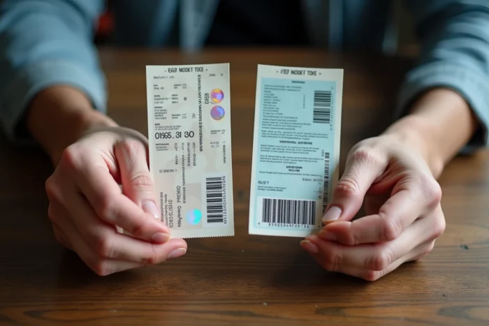 Comparaison de billets SP authentiques et suspects pour les Vieilles Charrues posés sur une table en bois
