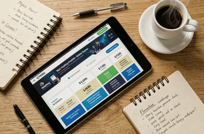 Vue aérienne d'une tablette affichant une comparaison de plans d'hébergement web entourée de notes manuscrites