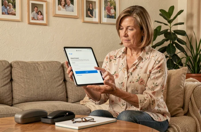 Femme d'âge mûr naviguant sur Profession Jeux FDJ via tablette dans un salon confortable