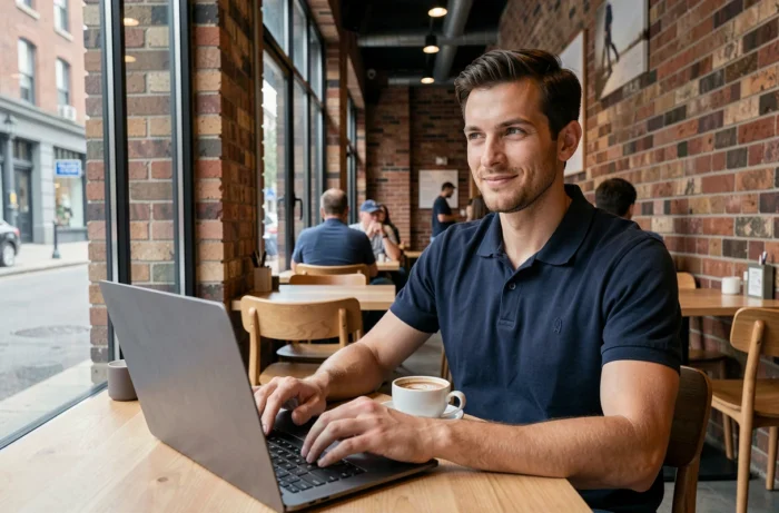 Homme utilisant un laptop dans un café pour se connecter à Profession Jeux FDJ sans difficulté