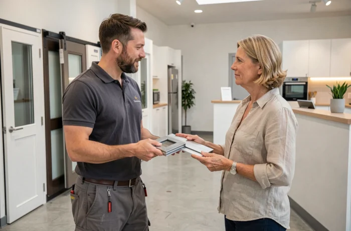 Artisan aluminium présentant un modèle de porte coulissante à une cliente dans un showroom professionnel