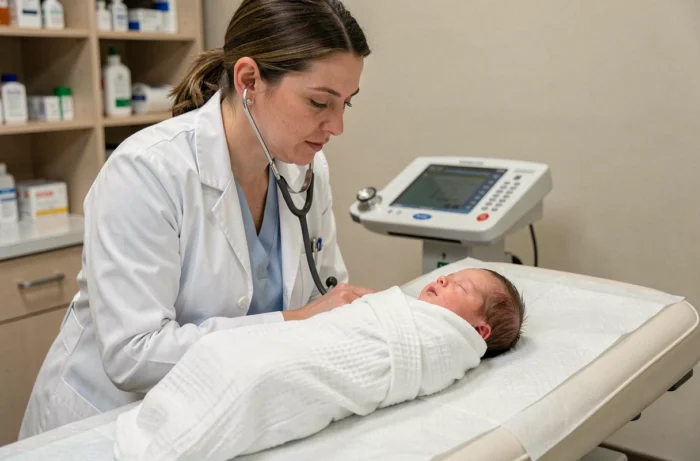 Pédiatre examinant un nourrisson de 3 semaines lors d'une consultation de suivi du développement du bébé
