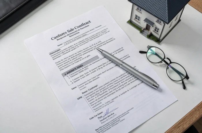 Vue aérienne d'un contrat de vente immobilier avec clause sur les honoraires d'agence, stylo et modèle de maison sur un bureau de notaire
