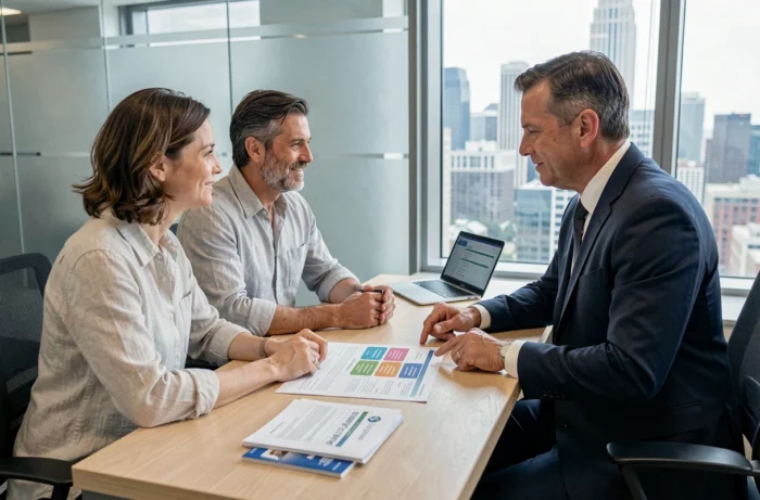 Couple en rendez-vous bancaire pour comparer des offres d'assurance emprunteur