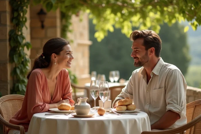 Couple complice déjeunant en terrasse dans le sud de la France, atmosphère romantique et détendue