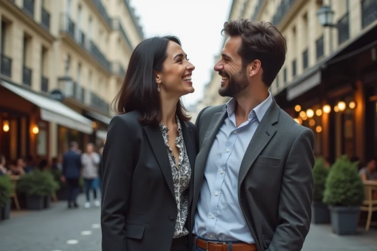 Couple élégant riant ensemble dans une rue parisienne, évoquant une histoire d'amour authentique