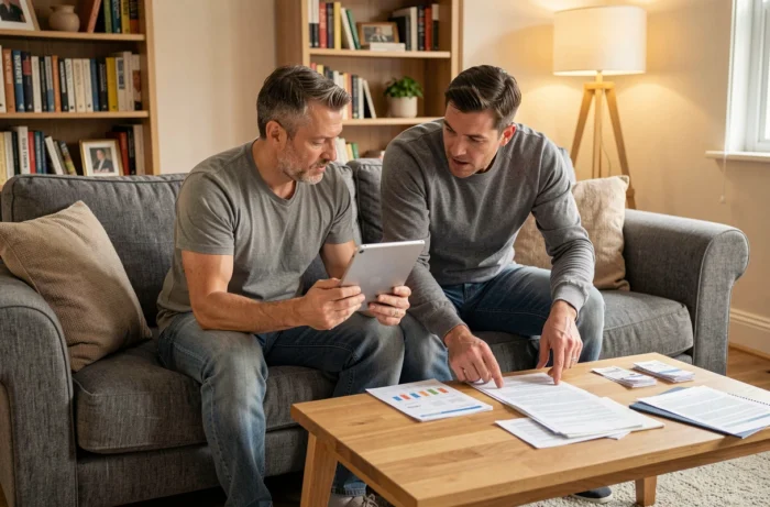 Couple examinant ensemble leurs finances personnelles et relevés bancaires dans leur salon