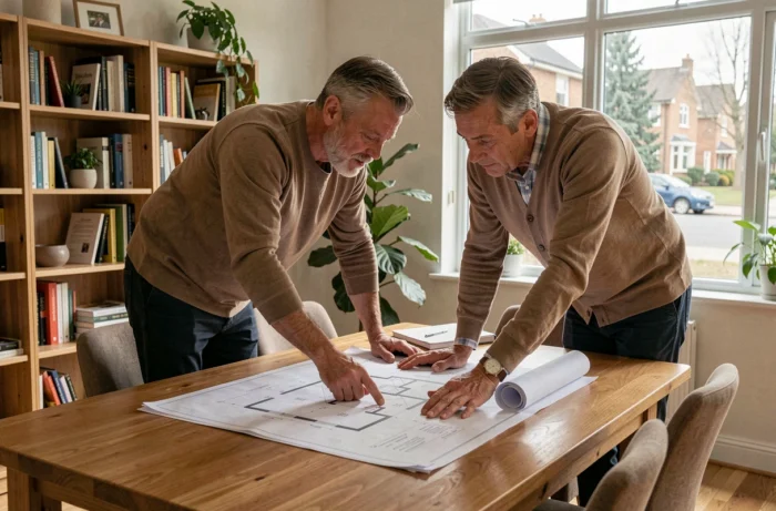 Couple examinant des plans immobiliers et des documents de projet sur une table en bois dans un bureau à domicile moderne