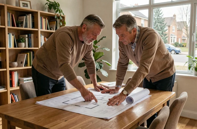 Couple examinant des plans immobiliers et des documents de projet sur une table en bois dans un bureau à domicile moderne
